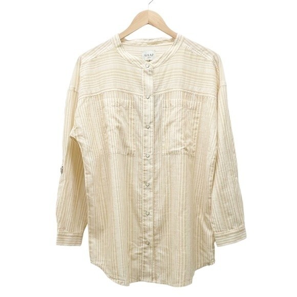 NWT Wrap London Striped Cotton Snap Front Oversized Blouse Tuscan Sun Size 6 NEW - Picture 2 of 15